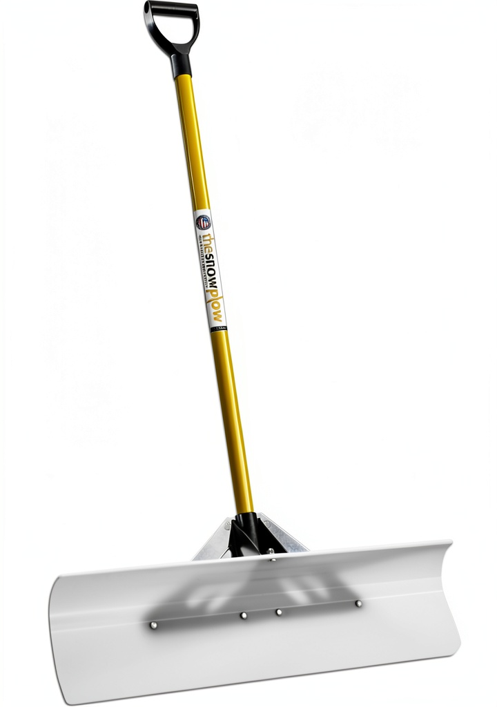 The Snowplow snow shovel in yellow with D-grip handle on snowy ground