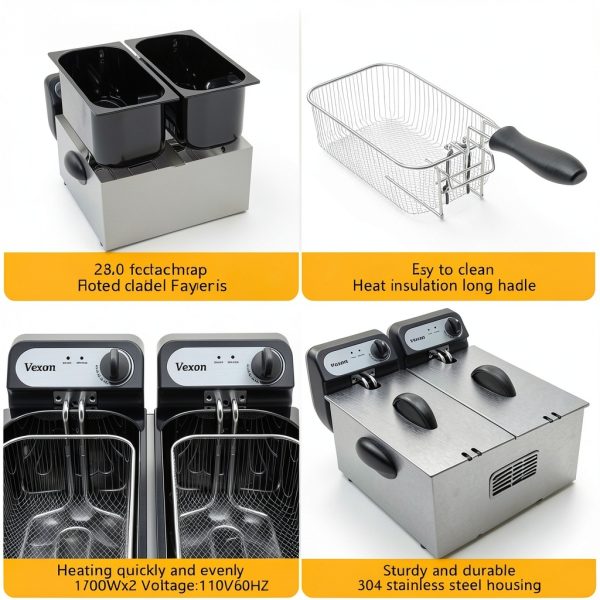 Vexon 3000W Electric Deep Fryer with Double 3L Baskets, Silver-2